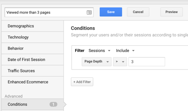 creating a page depth segment in Google Analytics