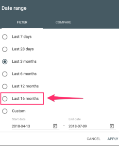 16 months of data filter option in Google Search Console