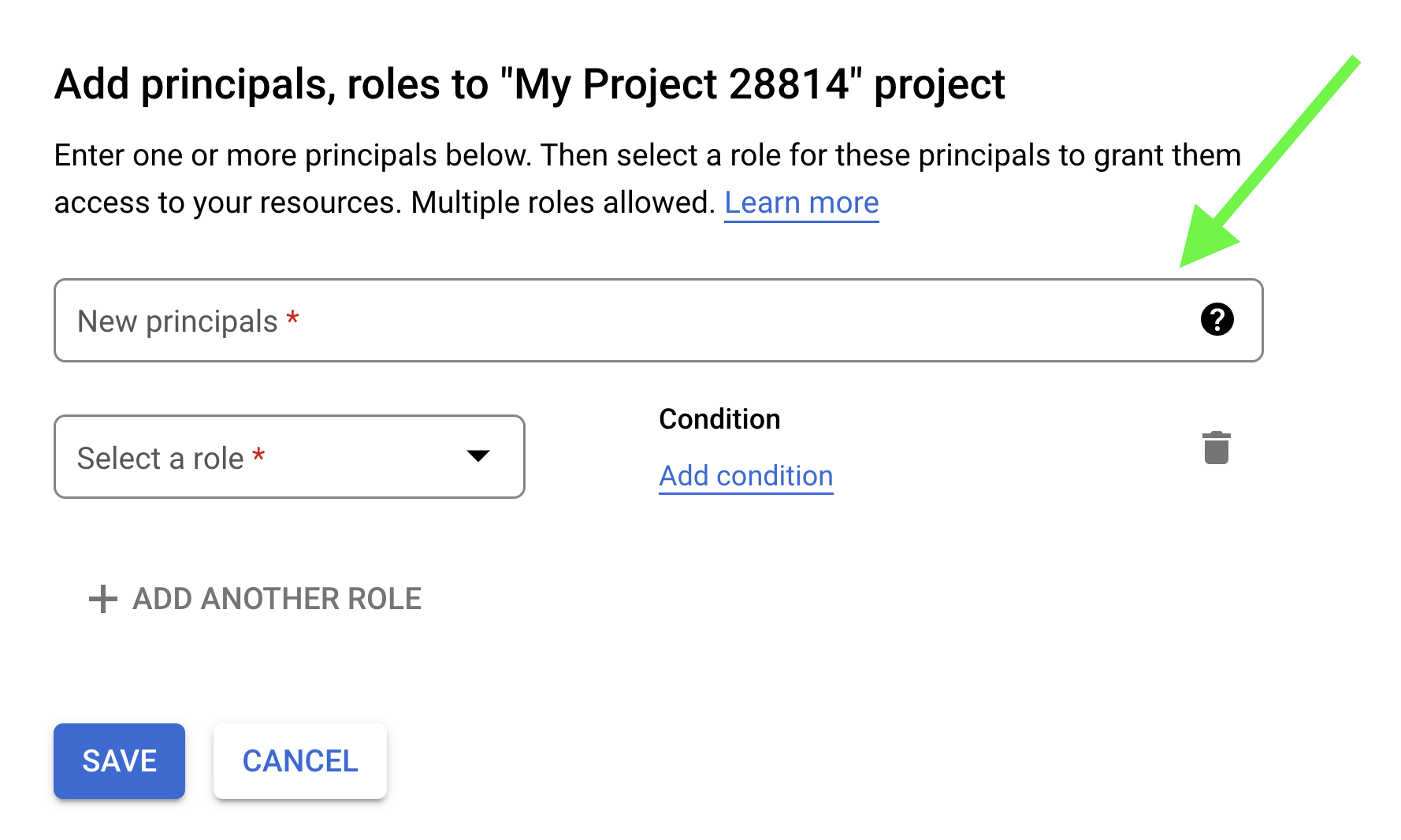 a screenshot of the Add principals settings in Google Cloud