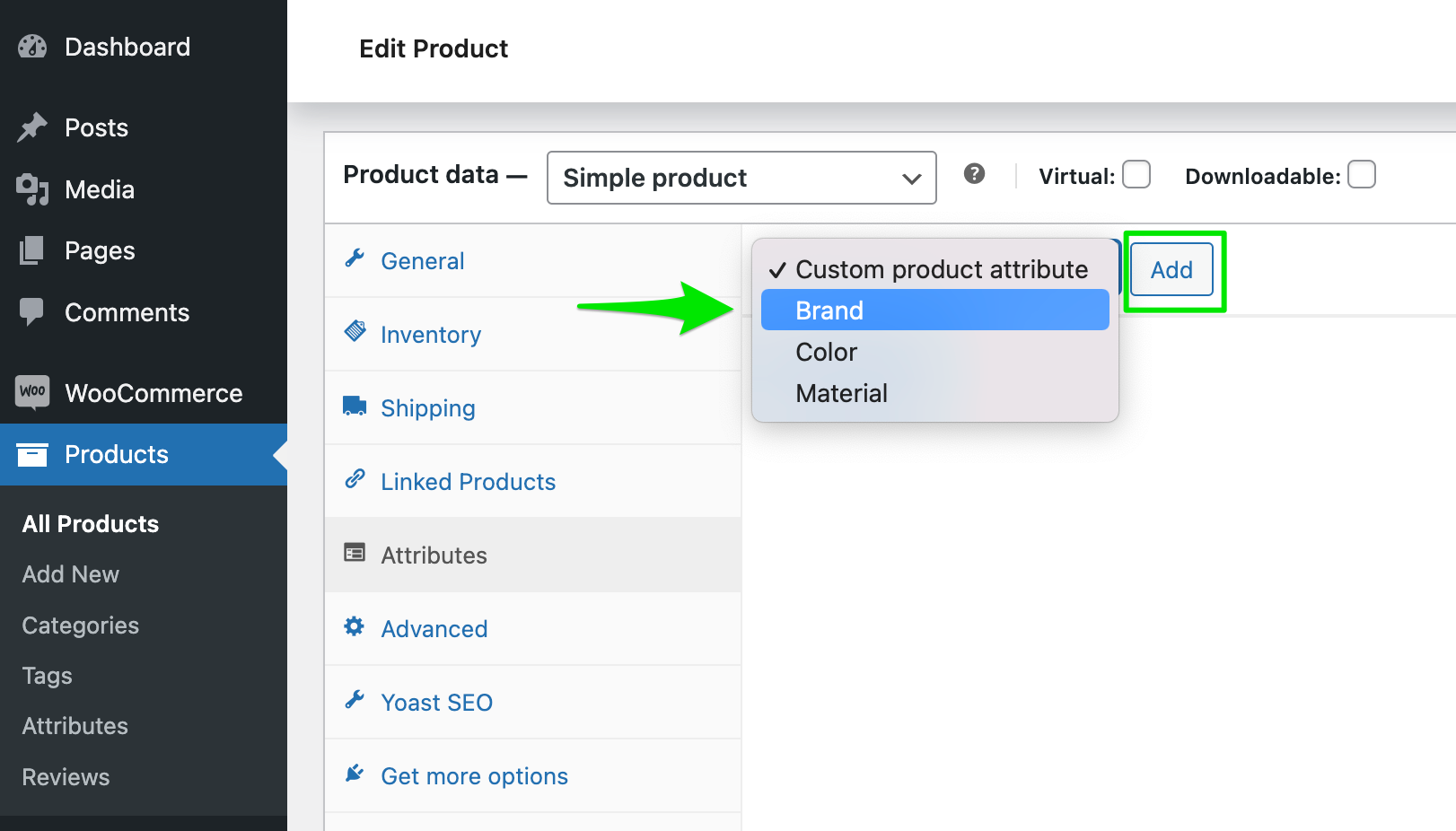 Screenshot add the brand attribute to the product