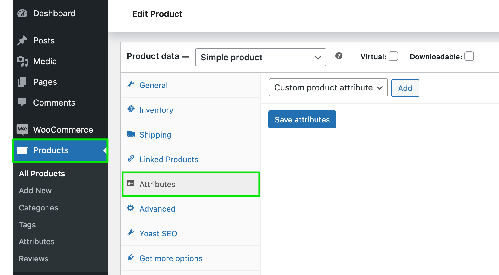 Screenshot showing the Attributes tab in the Product data box