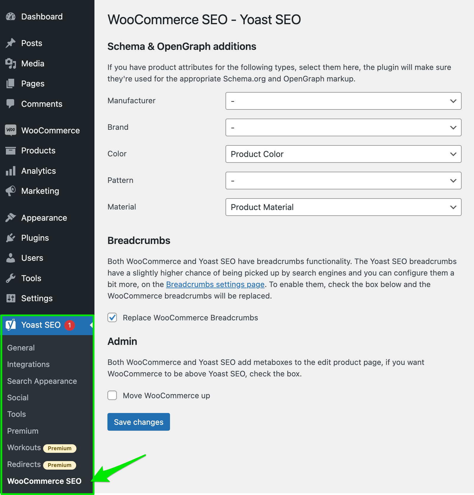 Screenshot showing the WooCommerce SEO settings in Yoast SEO