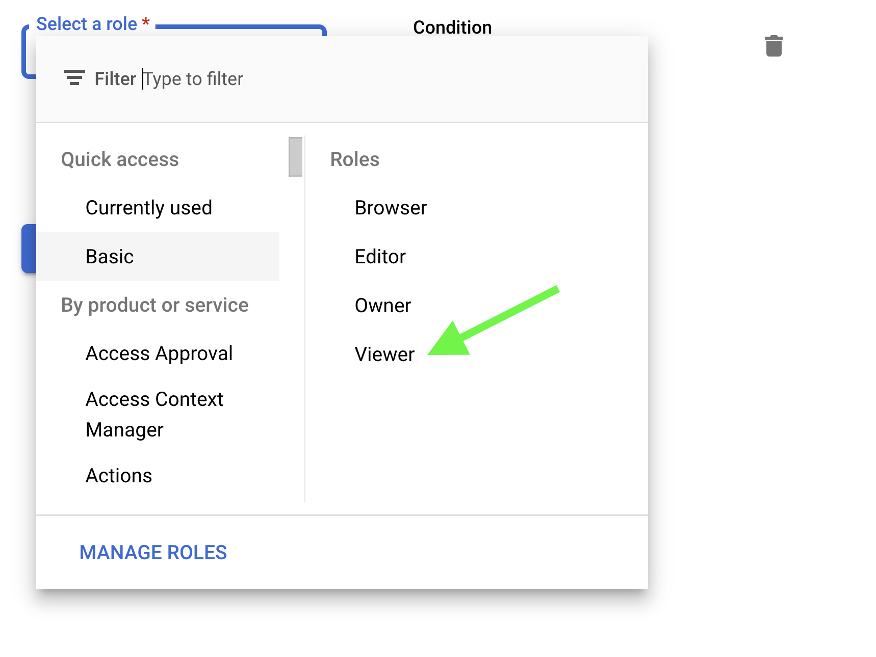 A screenshot of the Select a role settings in Google Cloud