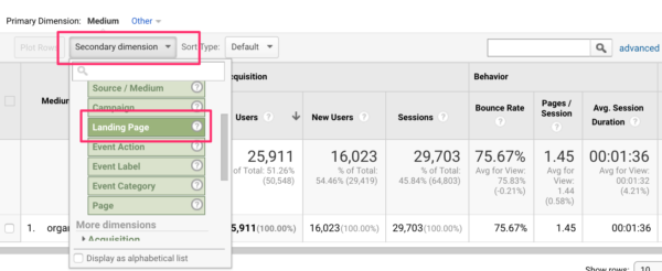Adding landing page to organic report in Google Analytics