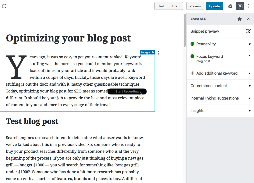 Snippet Preview button in the top-right corner of the Yoast Gutenberg sidebar