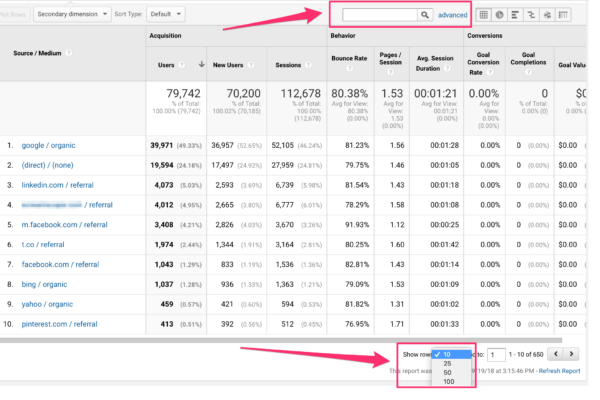 Expand rows of use search function in Google Analytics