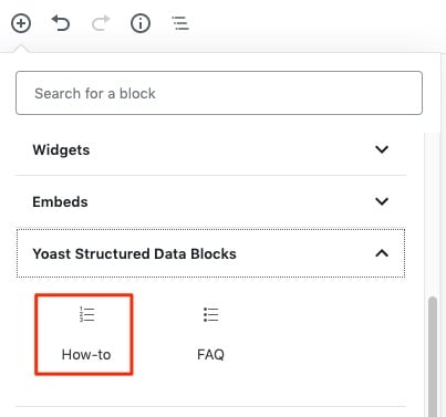 Yoast Structured Data Blocks zichtbaar in de Gutenberg-editor