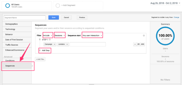 Aspects of sequences in segments in Google Analytics