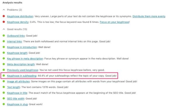 Keyphrase in subheading check
