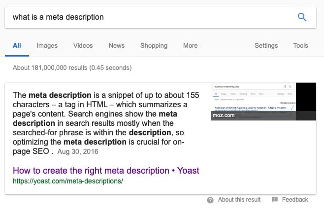 meta description featured snippet new