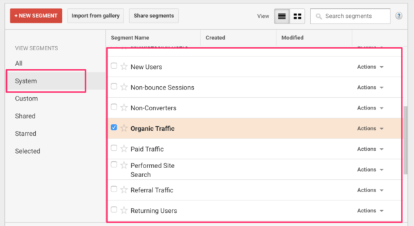 System segments in Google Analytics