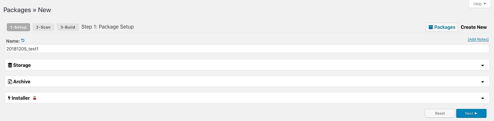 Duplicator create package settings