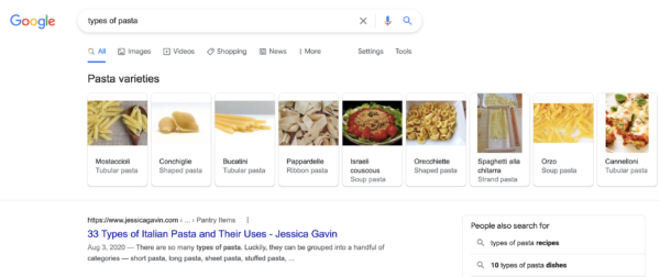 types de pâtes google entités