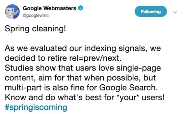 Tweet by Google Webmasters on pagination