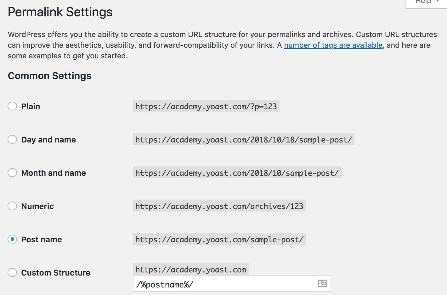 an example of different permalink settings for WordPress SEO