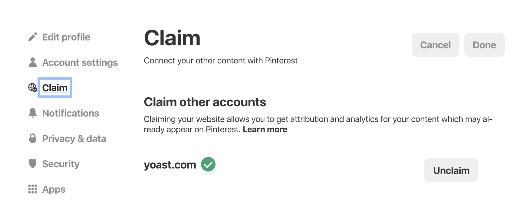 Screenshot of the Claim section in your Pinterest settings
