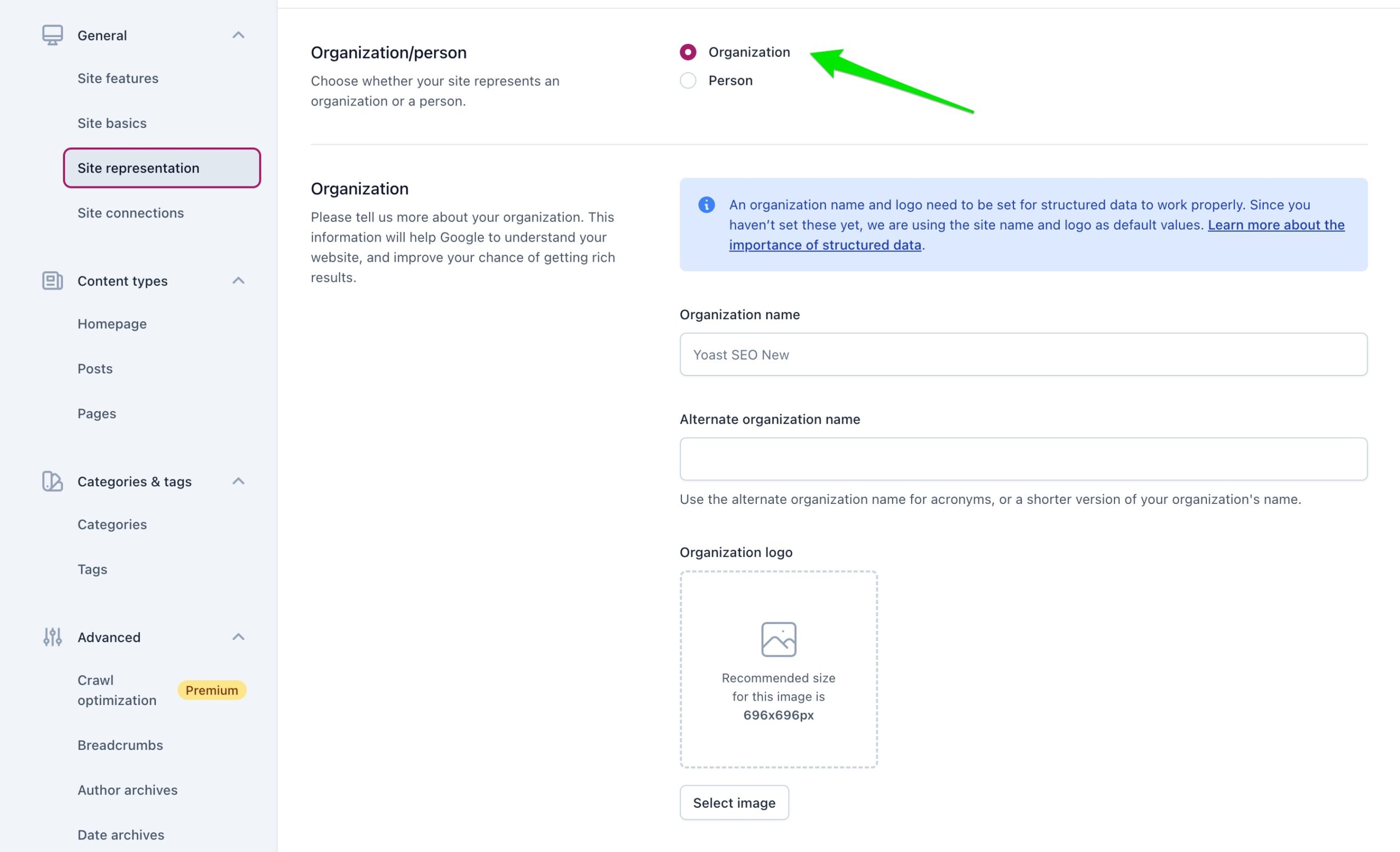Screenshot showing the site representation settings for organizations in Yoast SEO