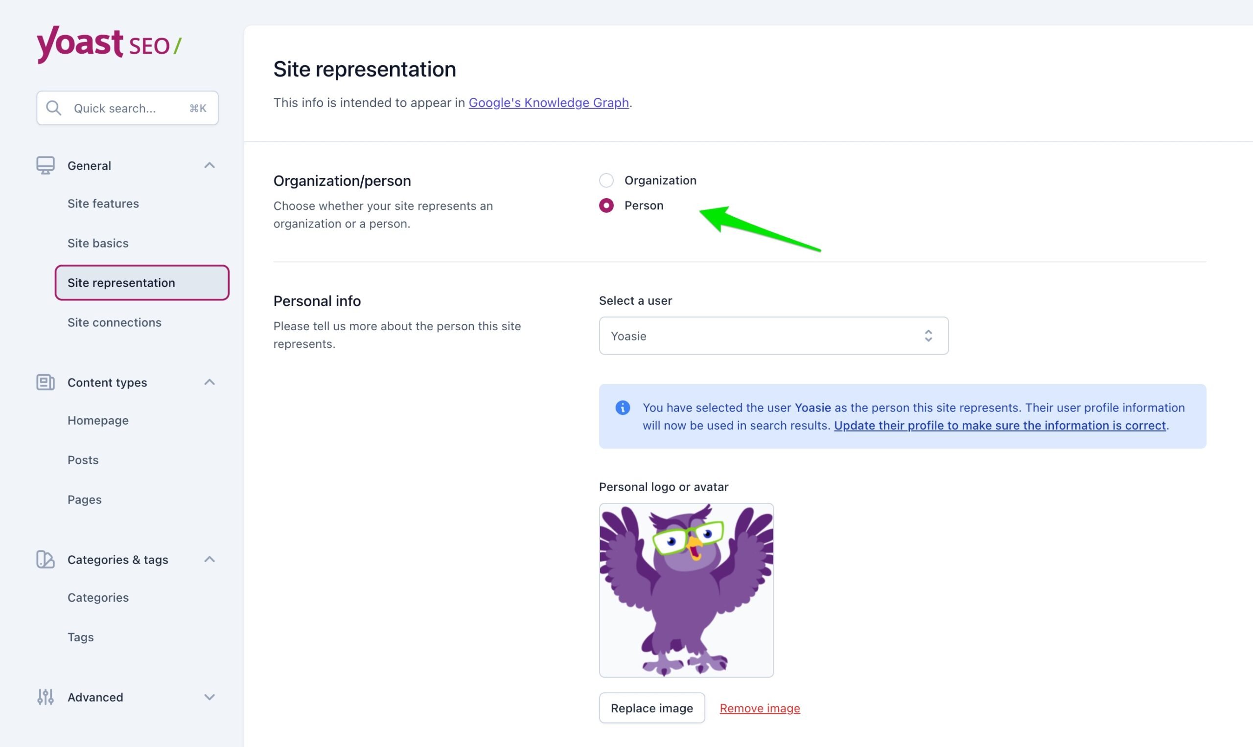 Screenshot showing the site representation settings for persons in Yoast SEO