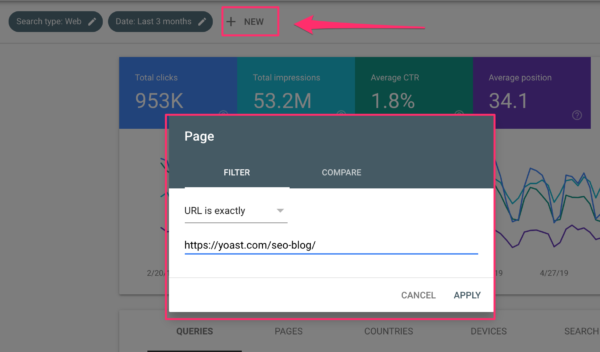Adding a page filter in Google Search Console 