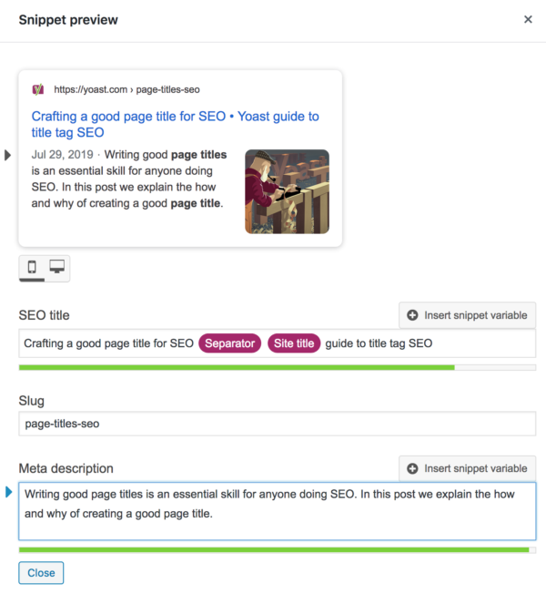 editing the meta description in the Yoast SEO snippet preview