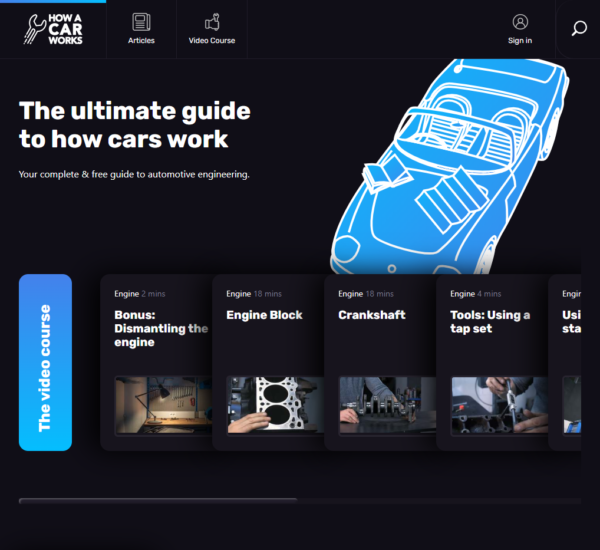 An image of the https://www.howacarworks.com/ homepage.