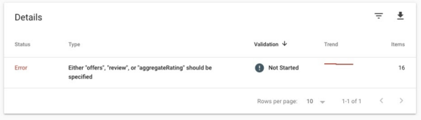 Screenshot of the “Either ‘offers’, ‘review’ or ‘aggregateRating’ should be specified” error in Google Search Console