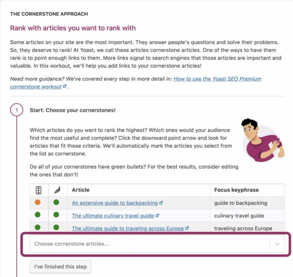 choisissez les articles de base dans la première étape de l'entraînement Yoast SEO
