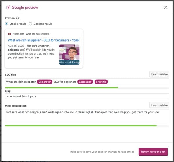 popup screen of google preview from the yoast seo sidebar