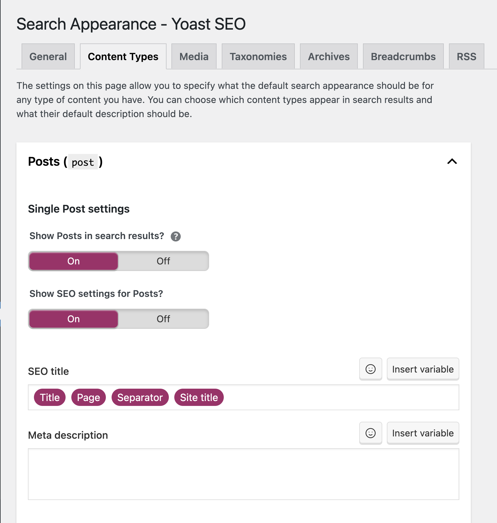 a screenshot of the Content types tab in the Yoast SEO search appearance settings