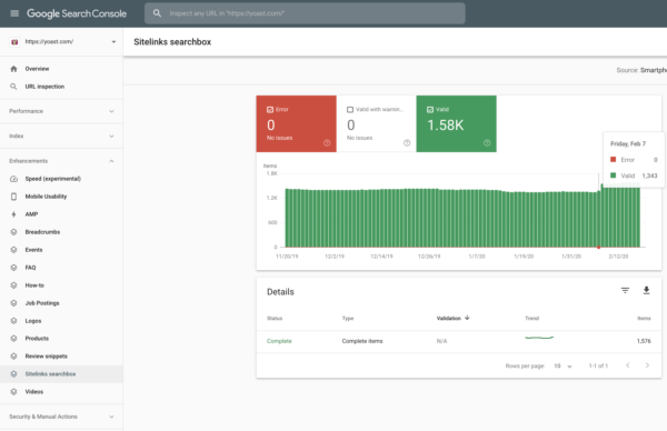 Uma captura de tela do relatório Sitelinks Searchbox no Google Search Console mostrando 1,5k URLs sem erros.