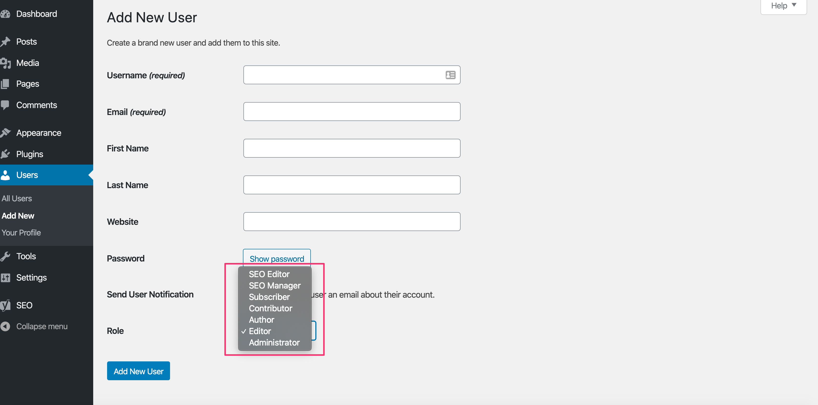 The role options in the Add New User screen in WordPress