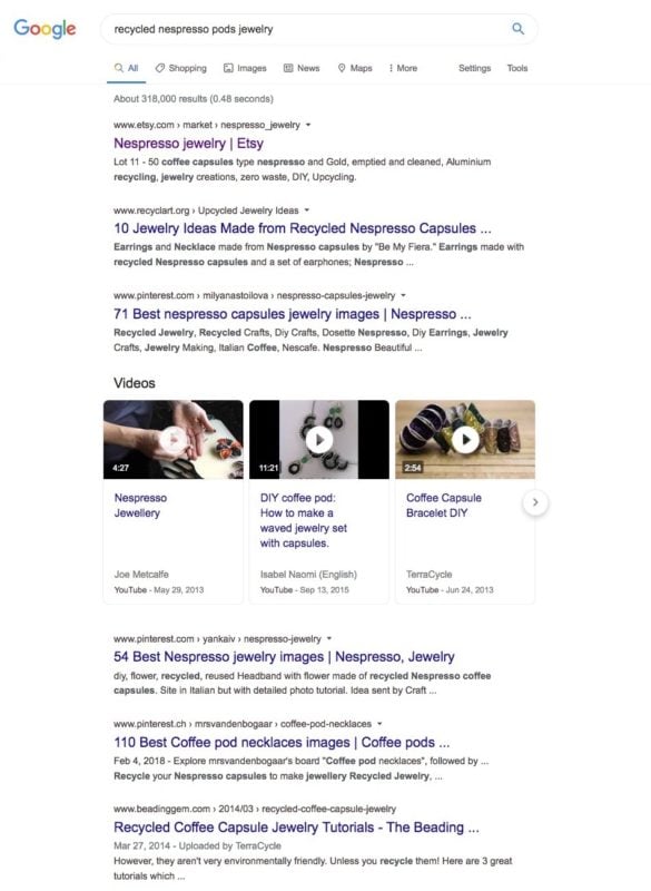 the search results pages for the term recycled nespresso pods jewelry.