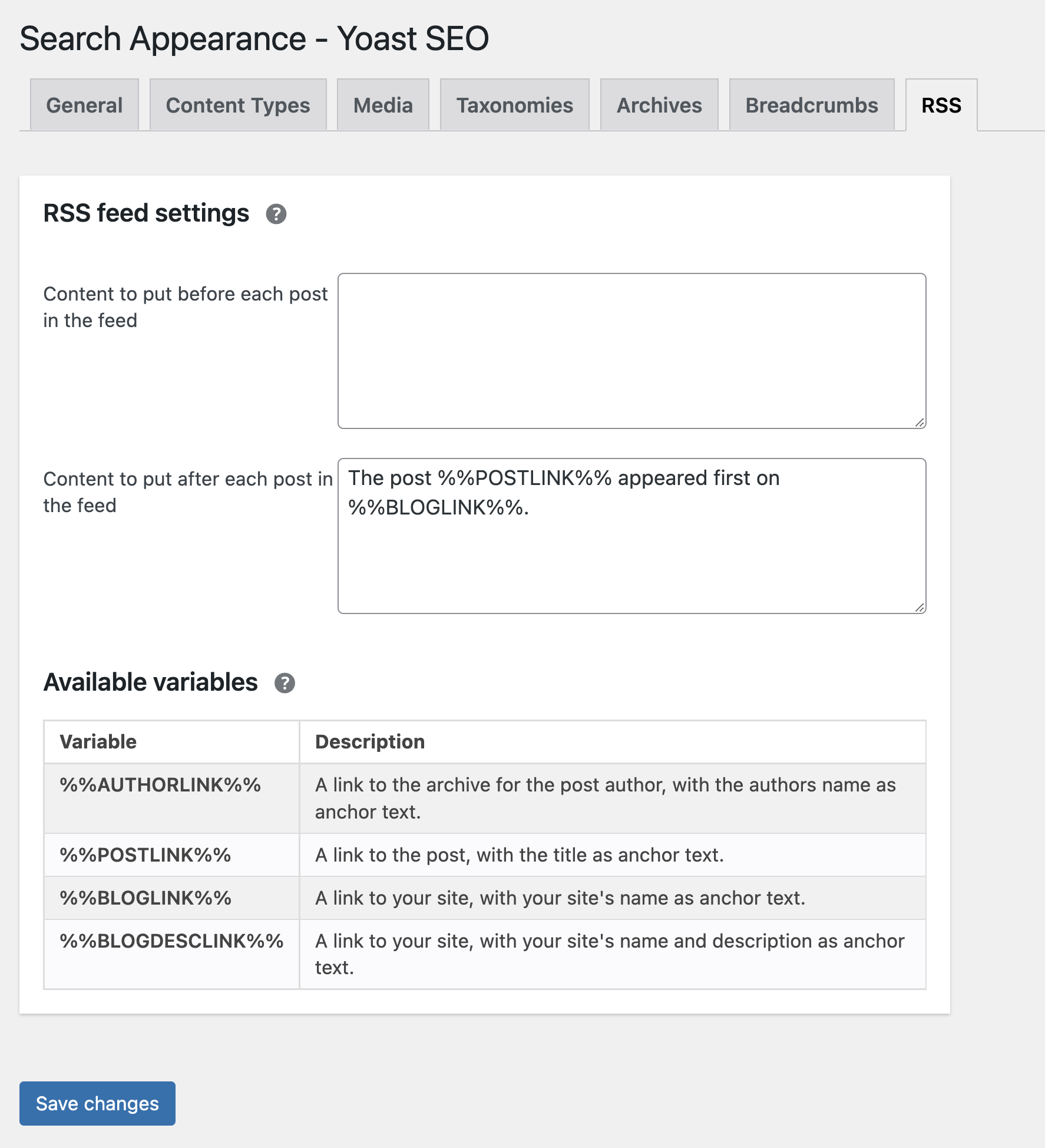 a screenshot of the rss feed settings in yoast seo