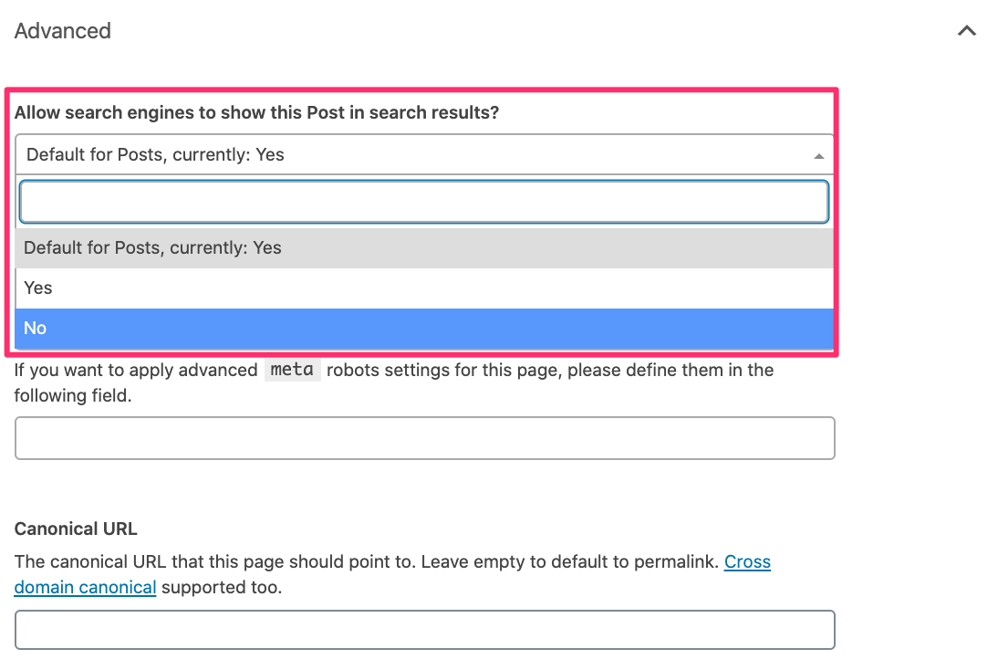 A screenshot of the Advanced settings in Yoast SEO with a highlight on the "Allow search engines to show Posts in the search results?" settings. 