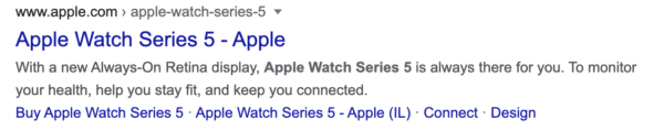 This image shows the meta description for the Apple Watch Series 5 product page. There is a clear description of what the product can do: 'monitor your health, help you stay fit, and keep you connected'.