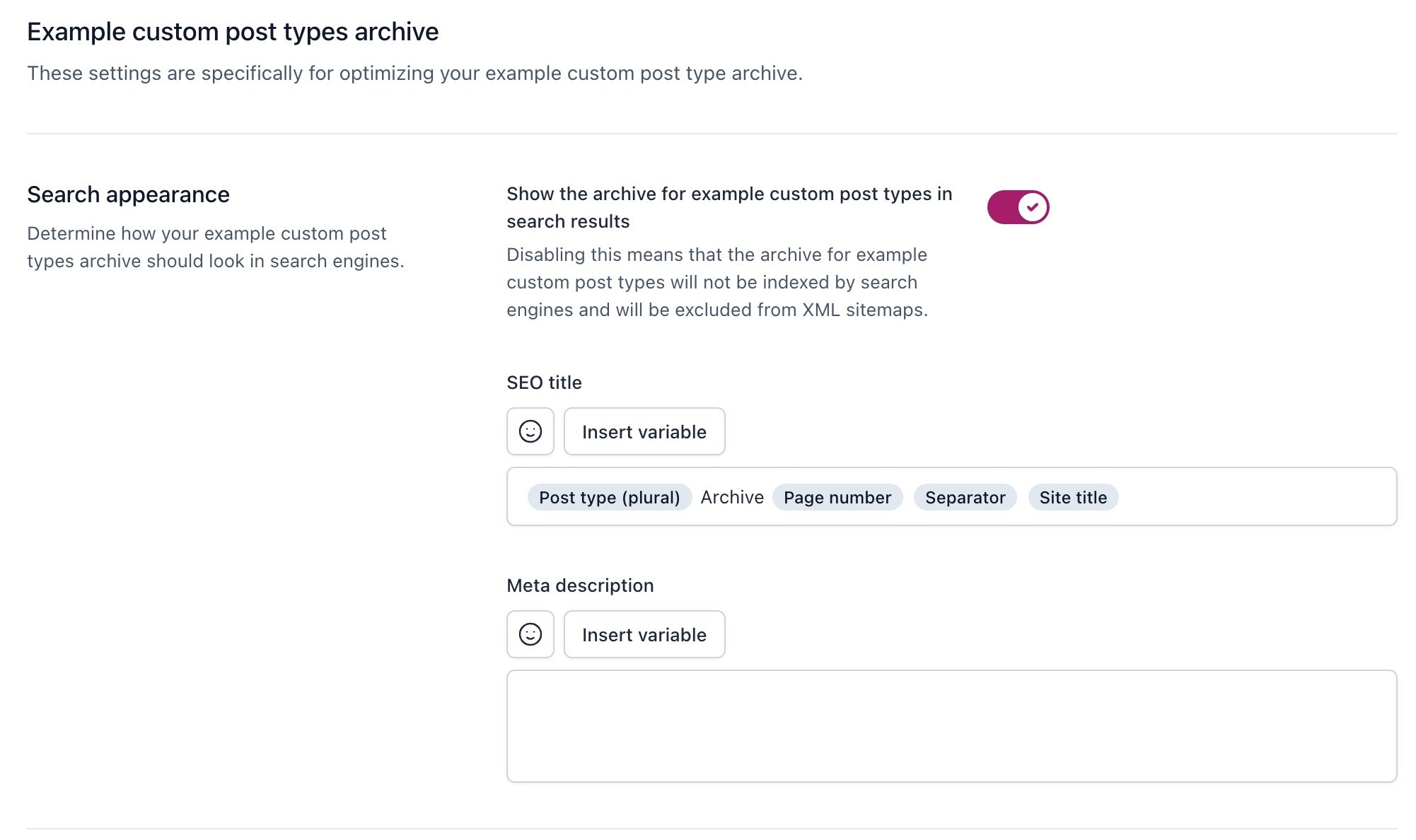 Screenshot of the custom post type archive settings in Yoast SEO