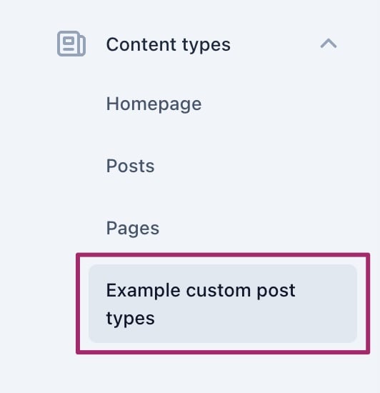 Screenshot of the menu item for an example custom post type in the Yoast SEO Content types settings.