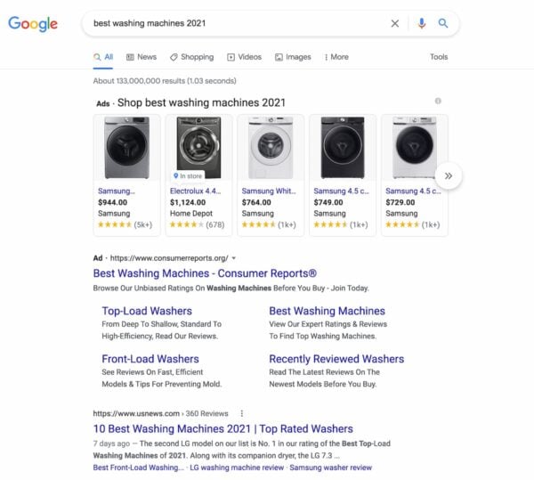 Exemple d'intention d'enquête commerciale : capture d'écran des résultats de Google pour le terme de recherche meilleures machines à laver 2021