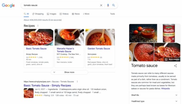 Exemple d'intention de recherche informative : capture d'écran des résultats de Google pour le terme de recherche sauce tomate