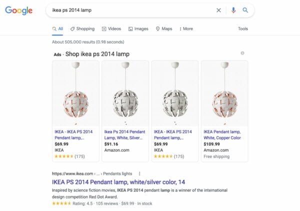 Ejemplo de intención de búsqueda transaccional: captura de pantalla de los resultados de búsqueda de Google para la lámpara IKEA PS 2014