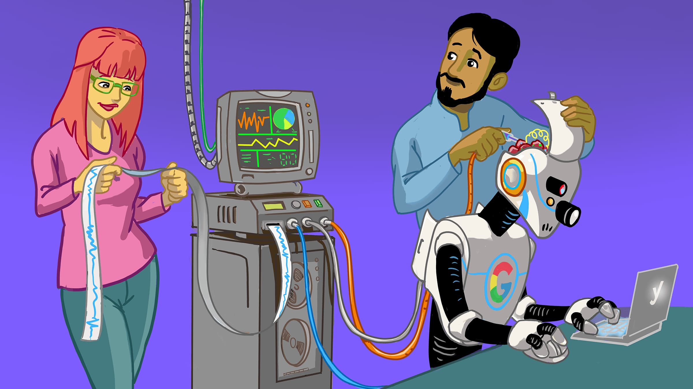 uma ilustração que mostra um robô do google sendo examinado por dois especialistas em dados 
