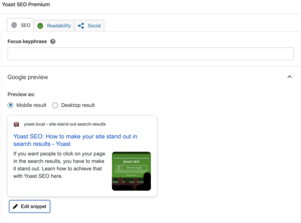 The snippet preview in the Yoast SEO meta box
