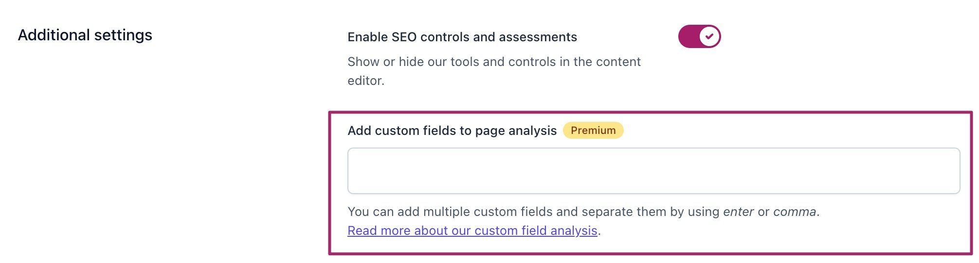 Screenshot of the 'Add custom fields to page analysis' input box in the Additional settings for Posts in Yoast SEO.