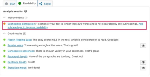 A screenshot of the Readability tab in Yoast SEO with a highlight on the Subheading distribution check.