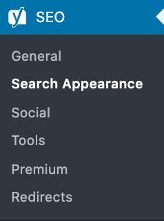 A screenshot of the SEO menu item with the Search Appearance settings