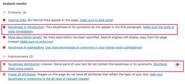 A screenshot of the kephrase density and keyphrase in introduction feedback. 