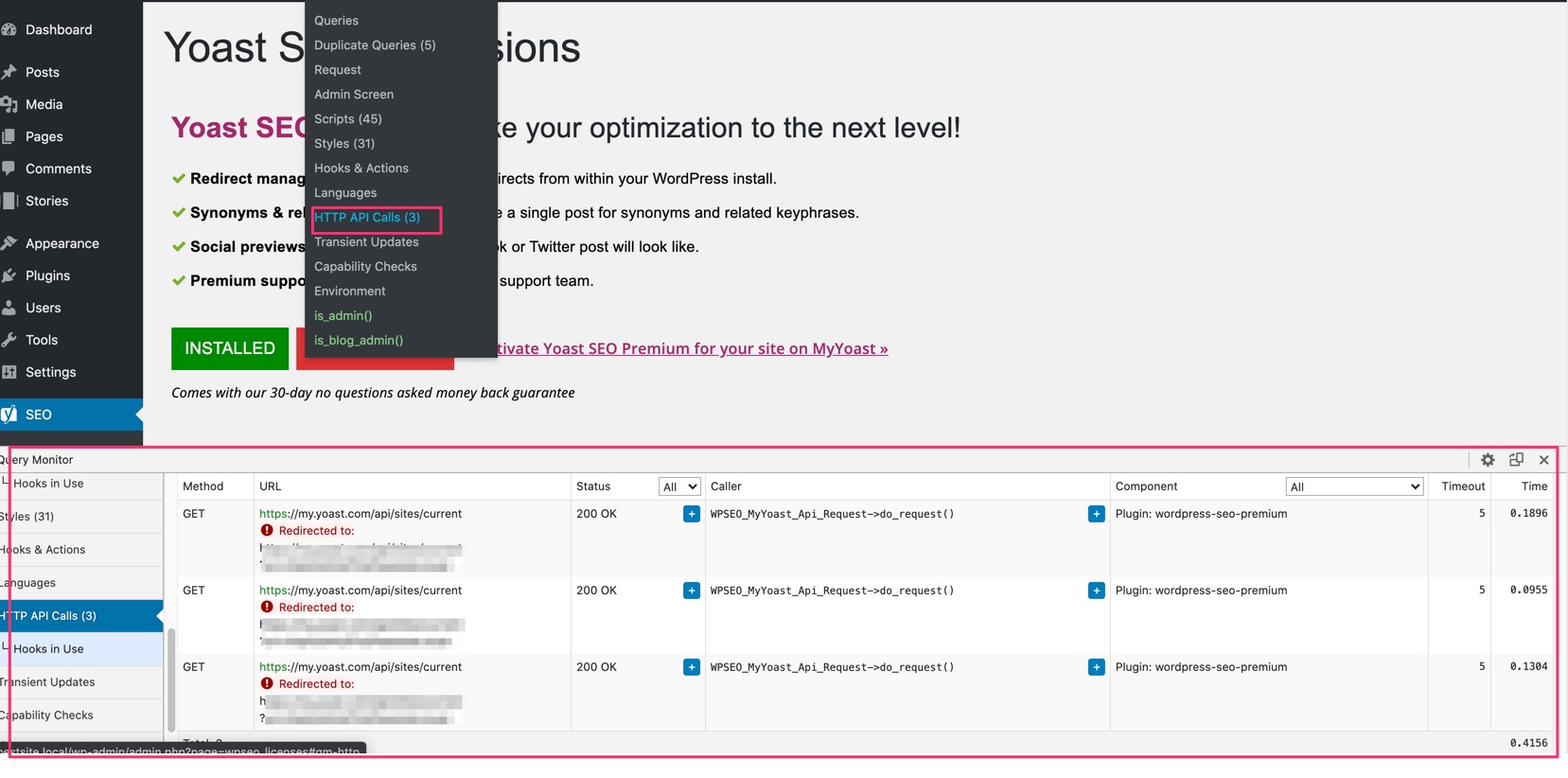 Troubleshooting connection issue with query monitor plugin yoast