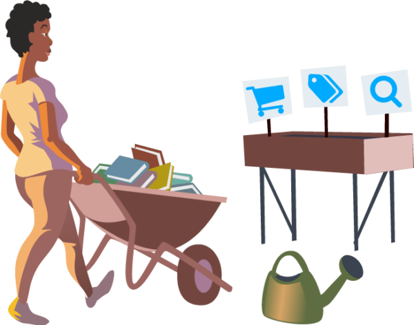 illustration of woman walking with a wheelbarrow full of books