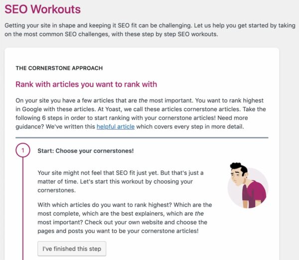 screenshot of first step in the Yoast SEO workout for internal linking