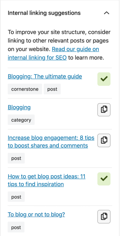 internal linking suggestions successful  Yoast SEO sidebar